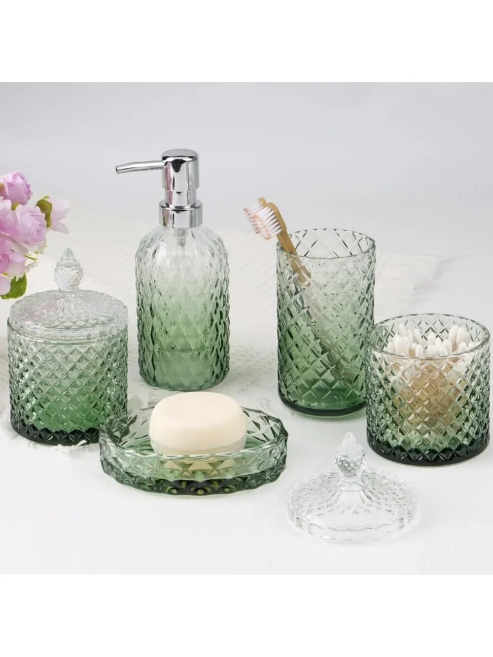 Vintage Green Glass Bathroom Accessories Set - 5-Piece Decorative Home Decor